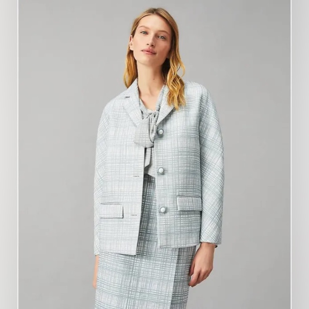 Offers Welcome!! NWT Tory Burch Printed Twill Crepe Jacket - Blue Crosshatch